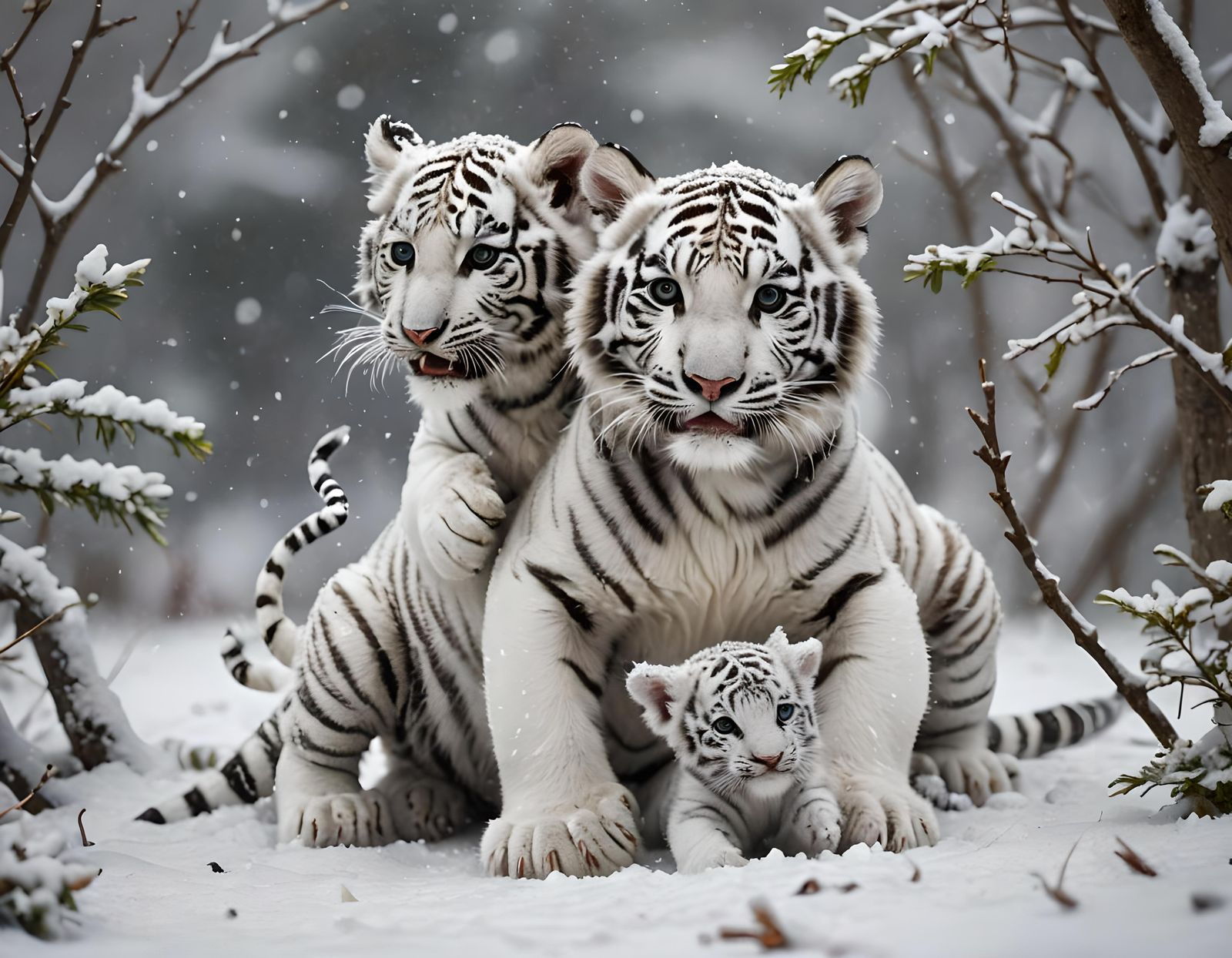 White Tiger Cub and Dragon Play in Snow