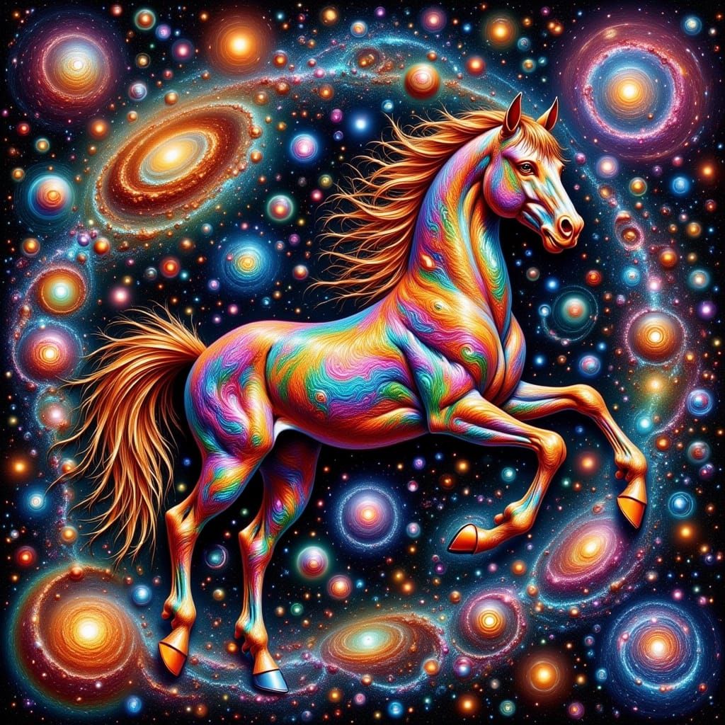 Majestic Rainbow Horse in Cosmic Dreamscape Painting