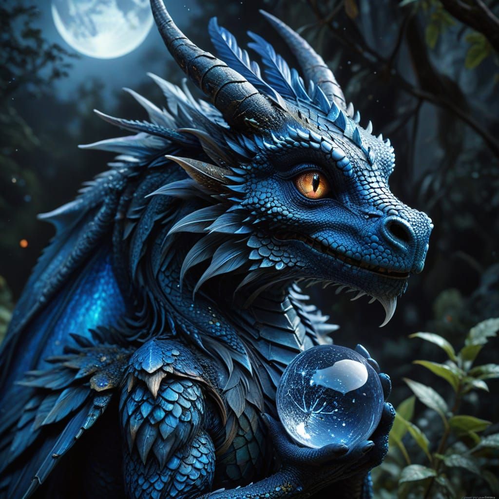 Detailed Blue Baby Dragon with Sapphire Crystal Ball
