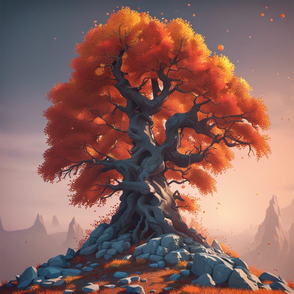 Low Poly Autumn Alpine Tree in Detailed Matte Painting