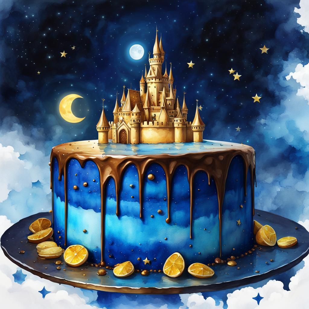 Mystical Cake Kingdom at Night: Watercolor Art