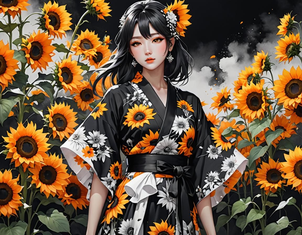 High Contrast Watercolor: Harvest Sunflowers in Kimono