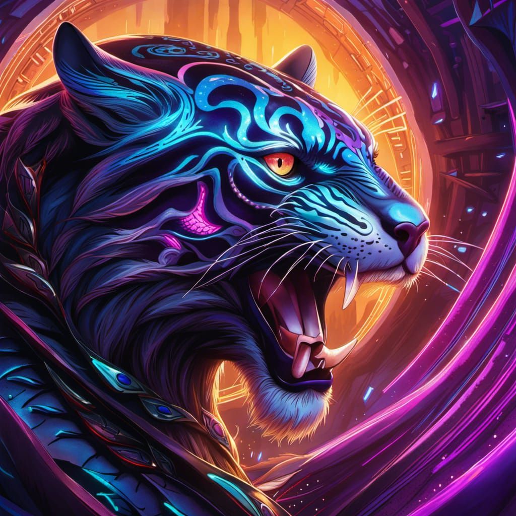 Glowing Cyberpunk Panther in Dreamy Forest
