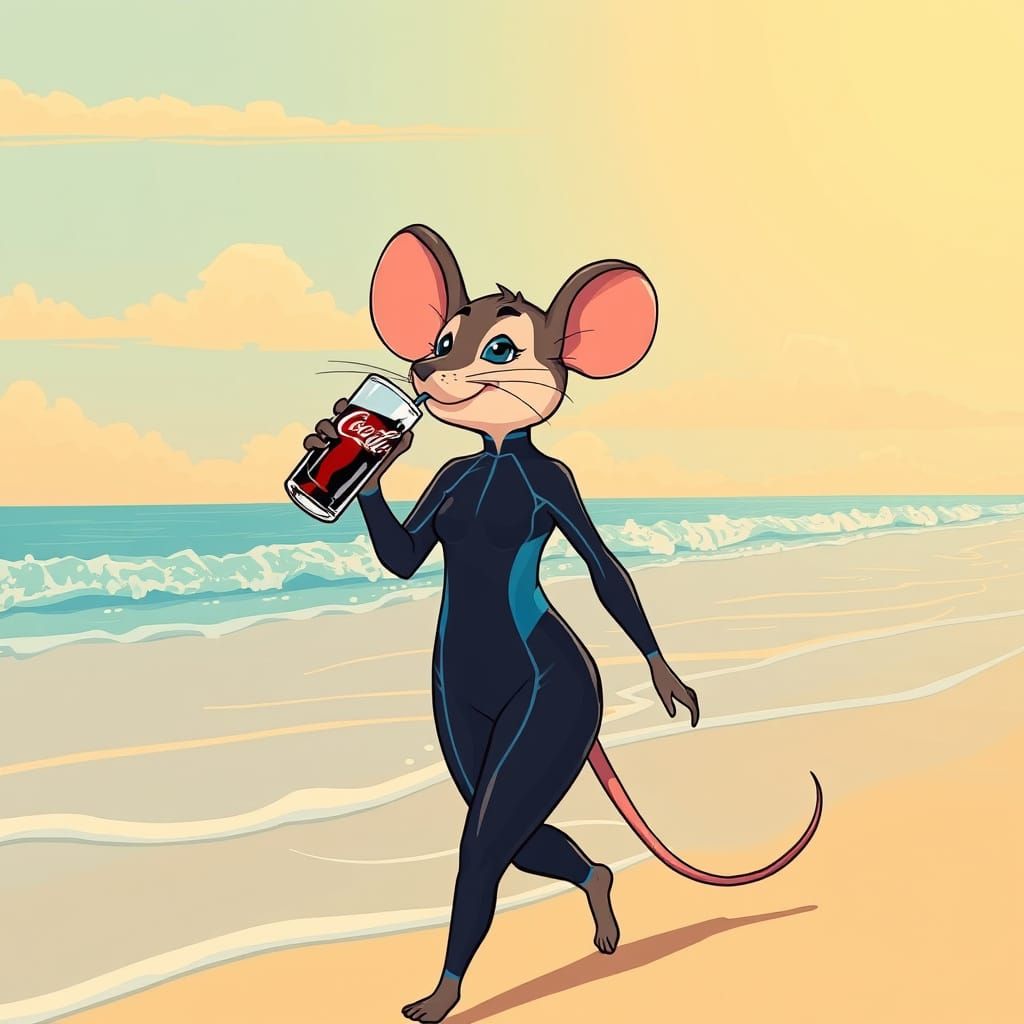 Mouse Humanoid Drinks Coke on Beach, Stylized Art