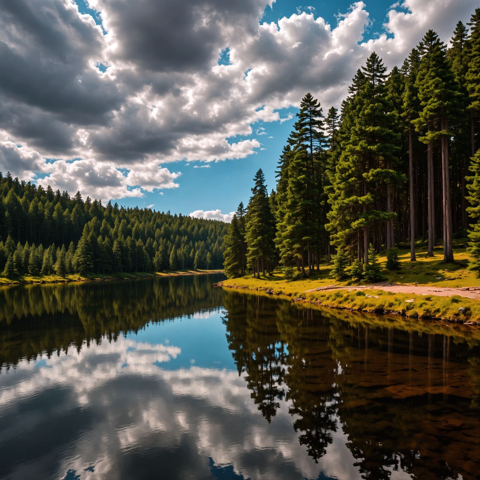 Hyperrealistic Forest Lake with Pine Trees