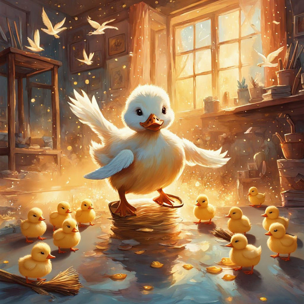 Whimsical Duckling Sweeping: A Fantasy Realism Storybook Sce...