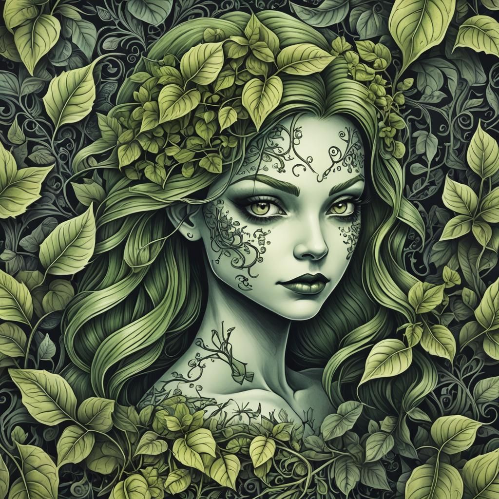 Chalk Drawing of Poison Ivy with Zentangle Elements