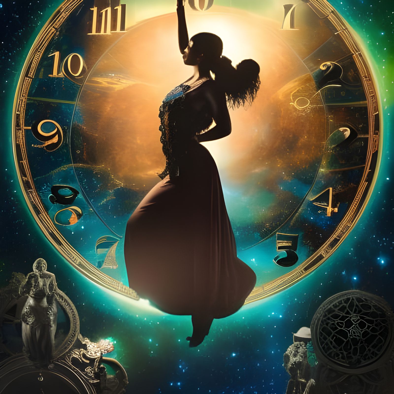 Woman Figure Holding Clock Sphere with Celestial Patterns