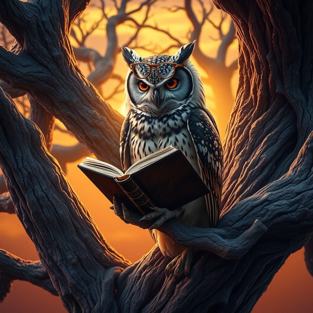 A Majestic Owl Studies Ancient Tomes in Whimsical Woodland