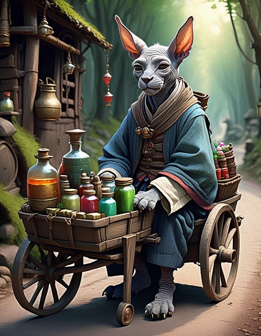Fantasy Merchant: Hairless Cat Selling Wares
