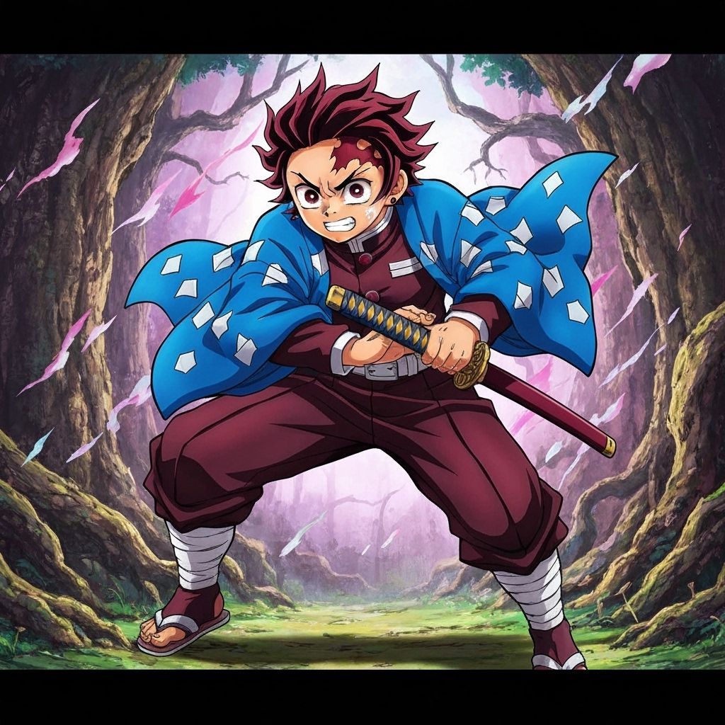 Tanjiro Kamado with Blue Haori in Manga Style