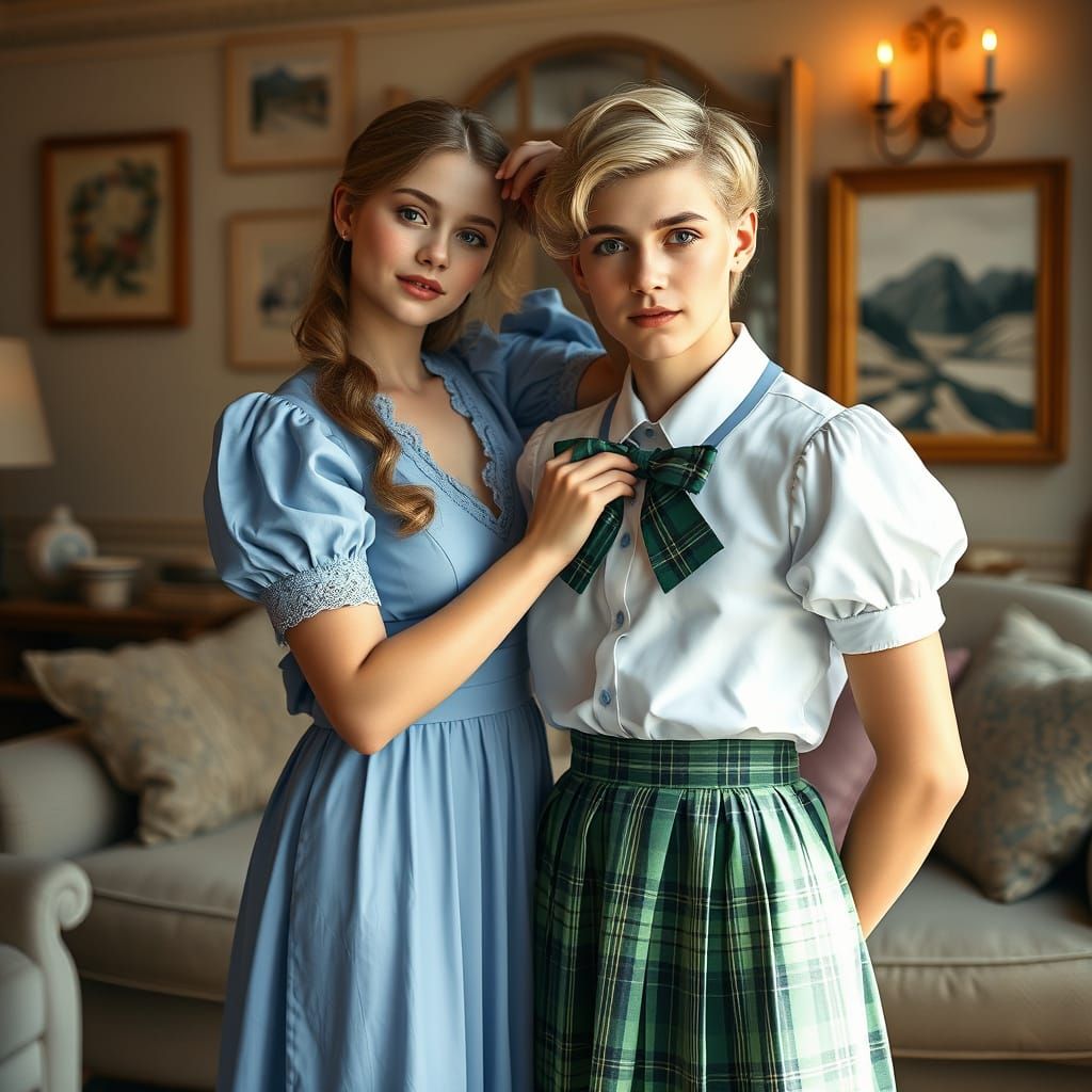 Confident Crossdresser in Whimsical Schoolgirl Uniform Recei...