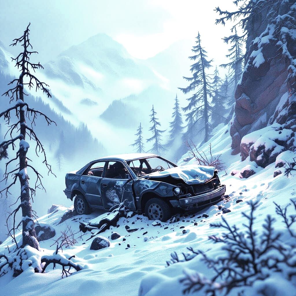 Wreckage: Car Crash on Snowy Mountain Road