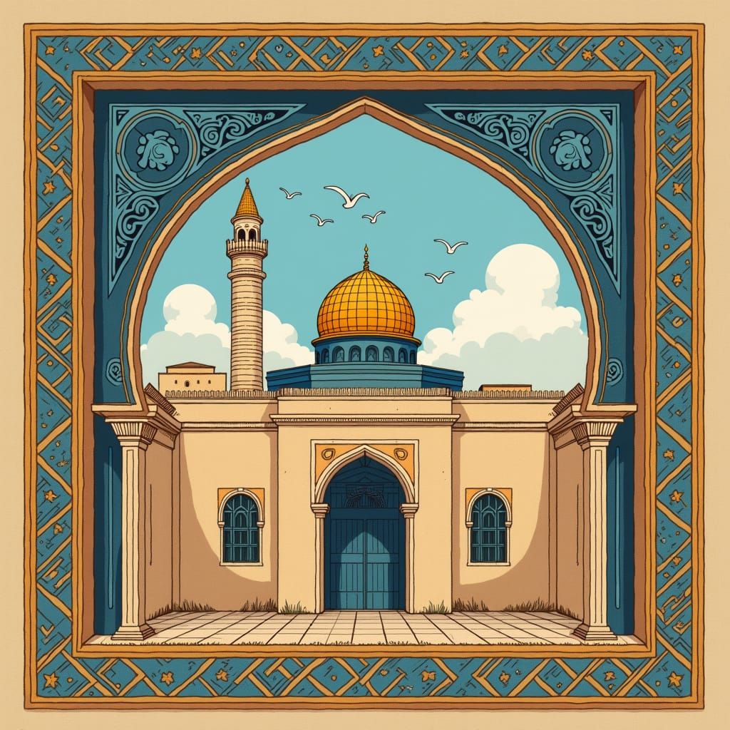 Al Aqsa Mosque in Earthy Tones, Ravilious Style