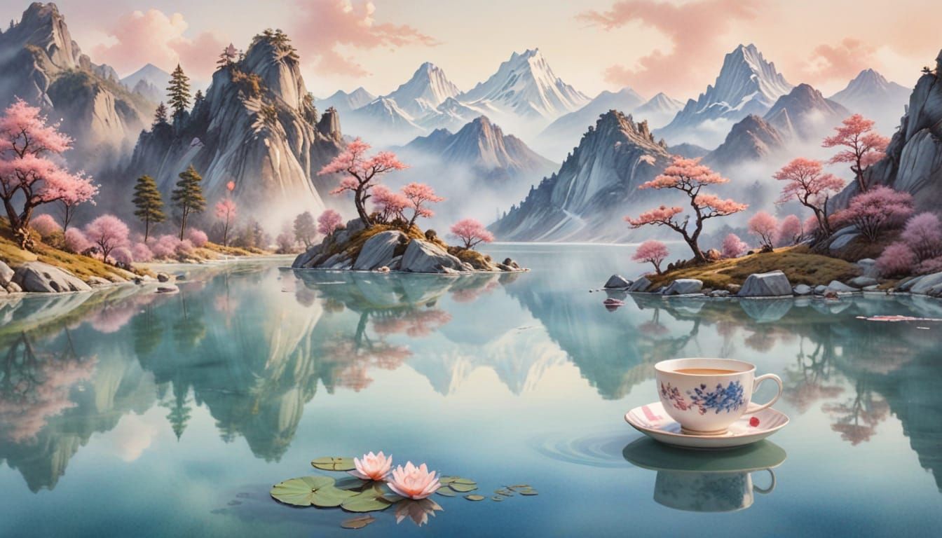 Dreamy Tea Lake Landscape in Watercolor Style