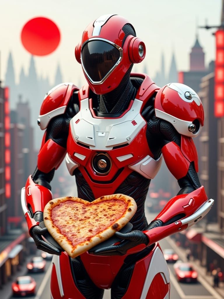 Epic Sci-Fi Warrior in Futuristic Mecha Gear with Pizza