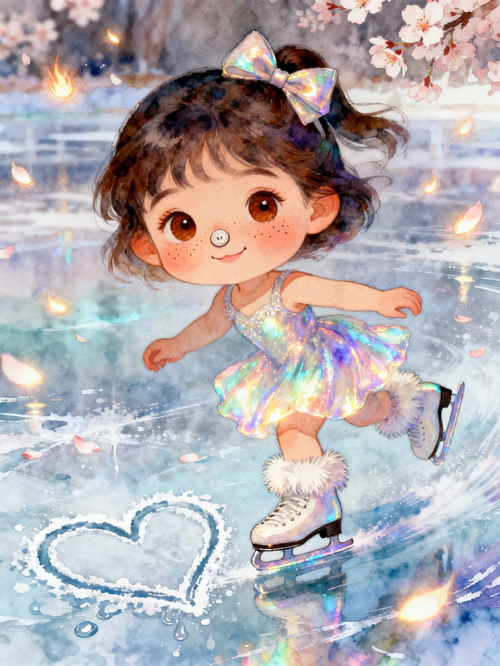 Cute Girl Ice Skating in Watercolor Style