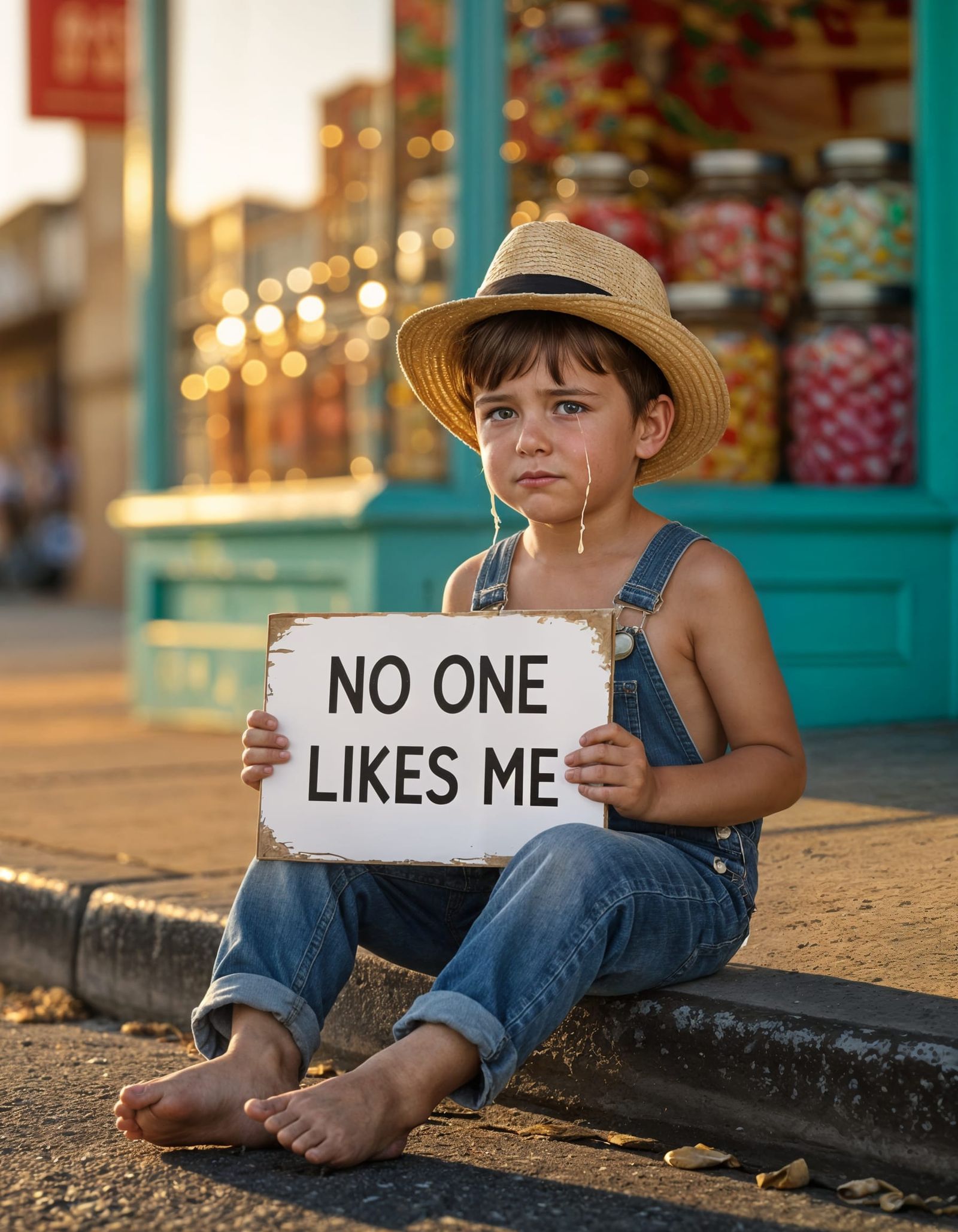 Sad Boy with Sign on Curb at Golden Hour