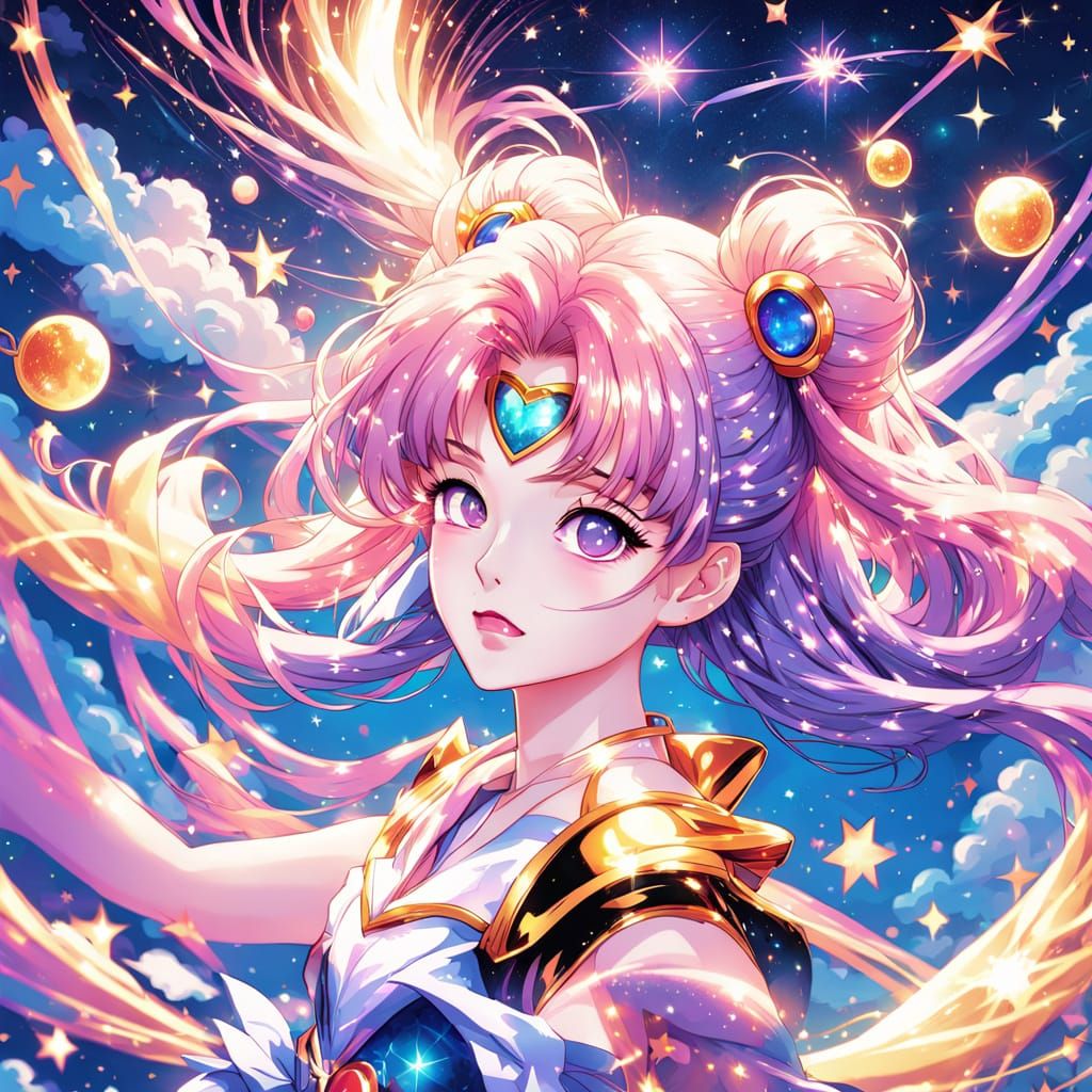 Sailor Moon Riding a Vibrant Shooting Star
