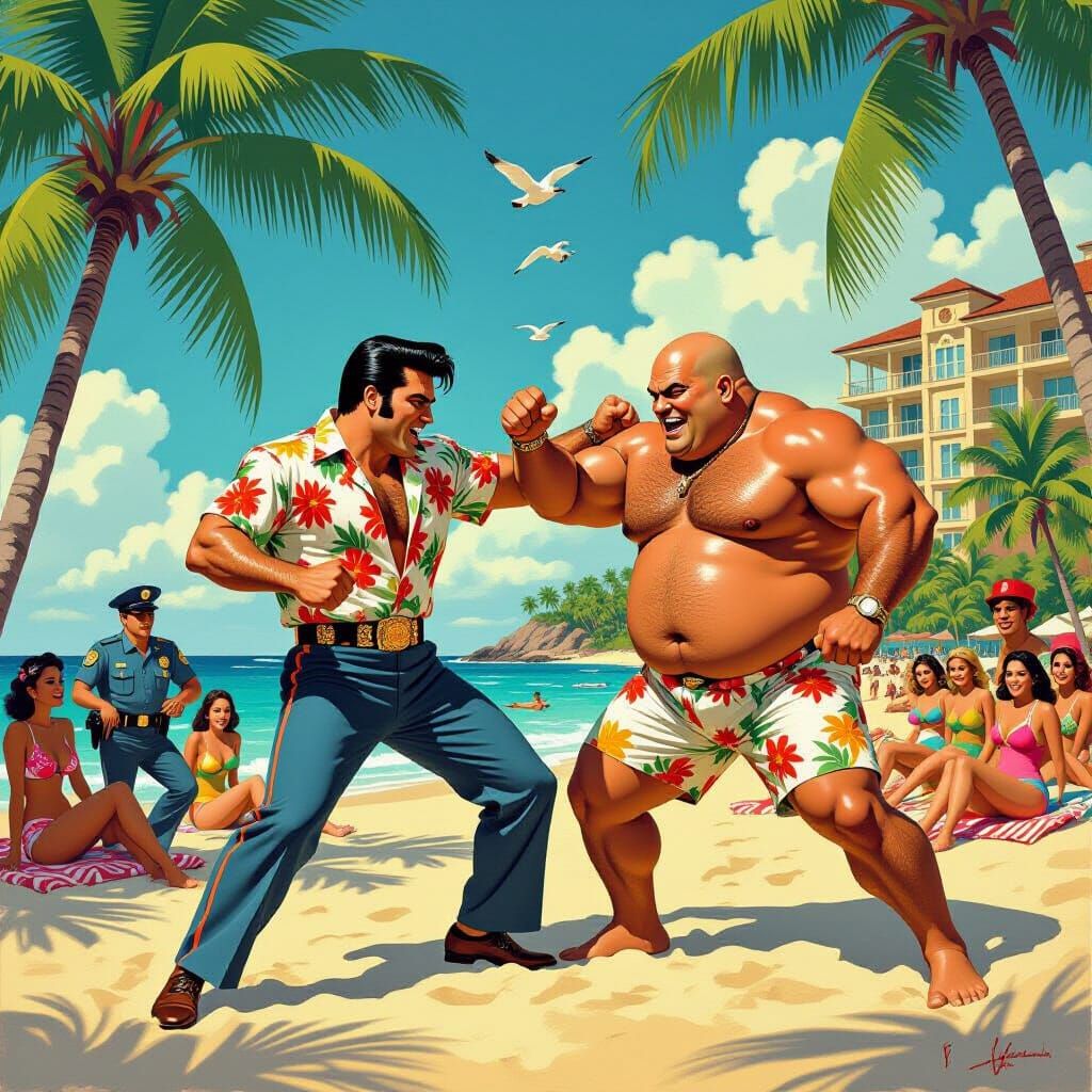 Elvis Presley Knocks Out Criminal in Tropical Pulp Art Scene