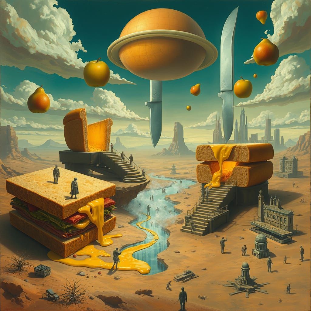 Surreal Desert Dreamscape with Melting Sandwiches
