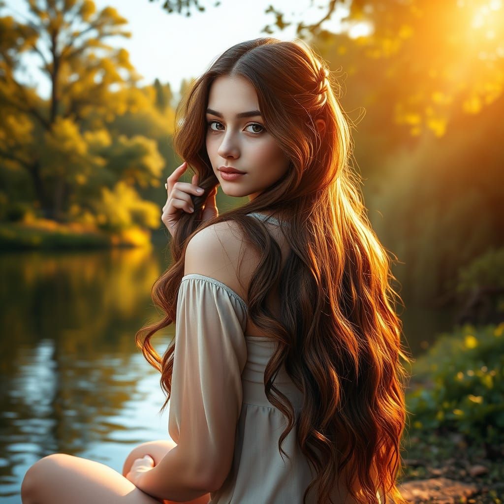 Serene Lake Scene with Young Woman in Photorealistic Style