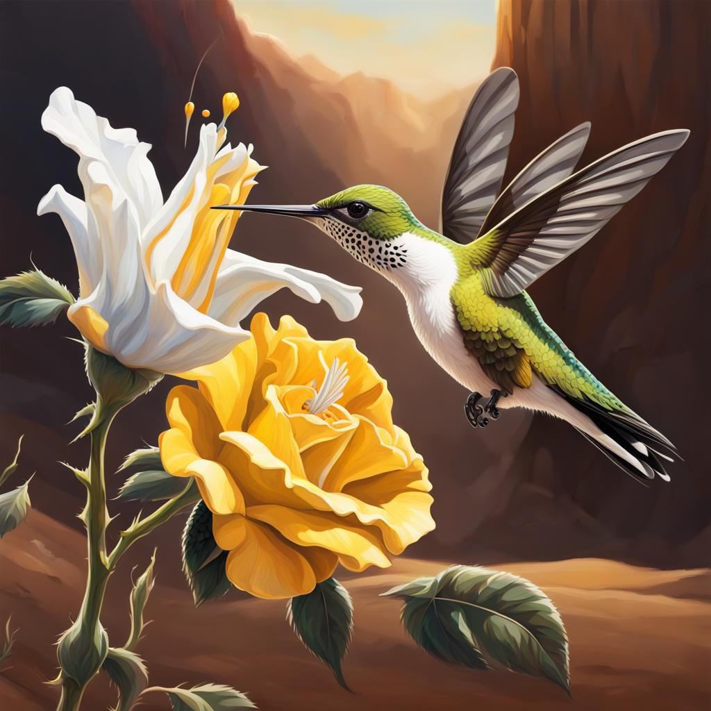 Hummingbird and Black Rose in Desert: Hyperrealistic Art