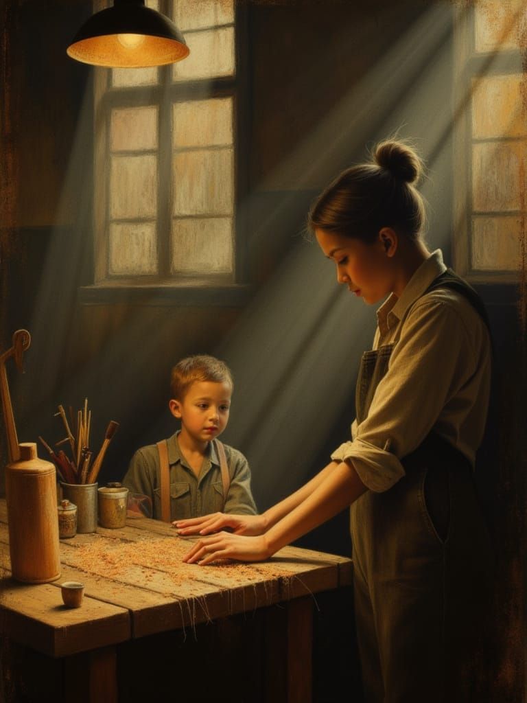 Artisan Teaches Woodworking in Realistic Oil Painting Style