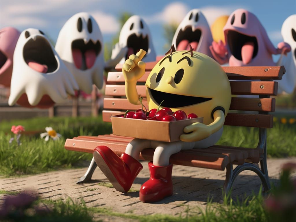 Pac-Man Relaxes in Park with Cherries