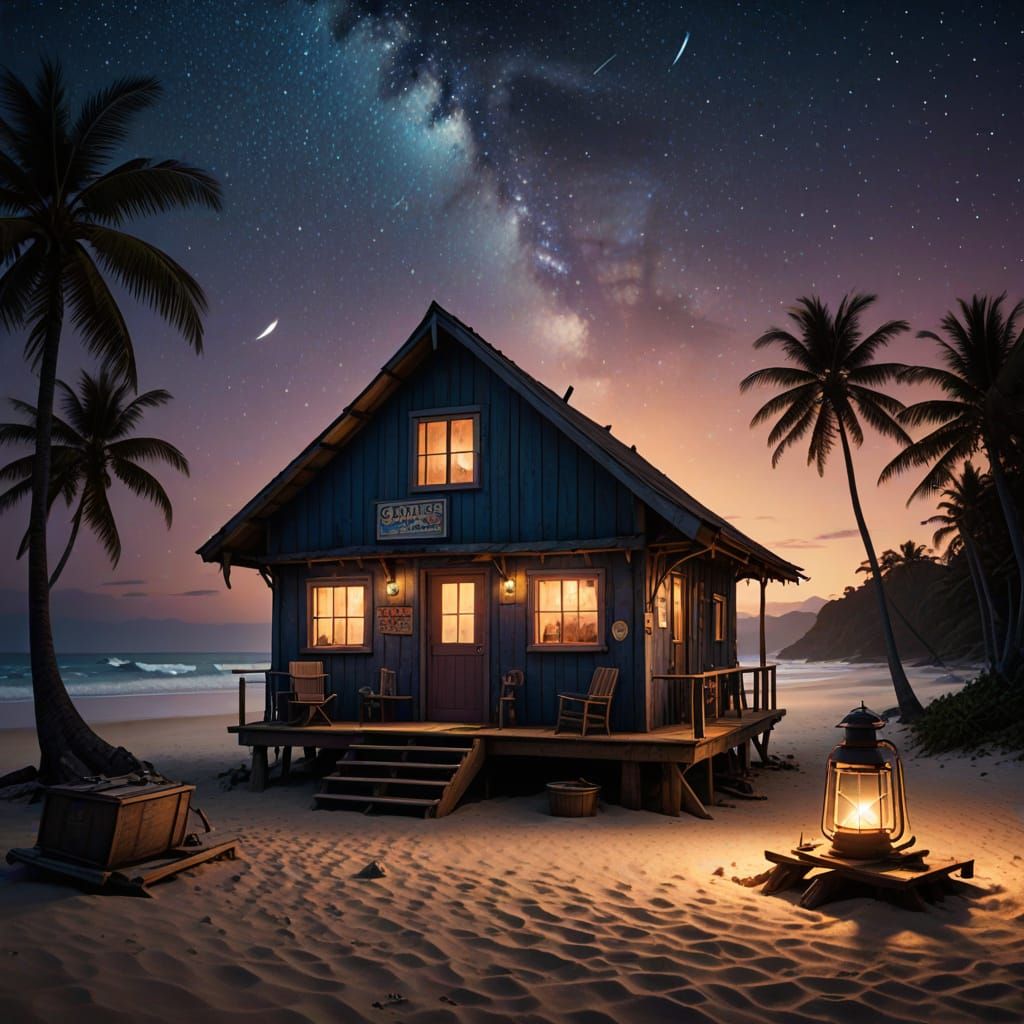 Rustic Tropical Surf Shack Under Starry Night Sky