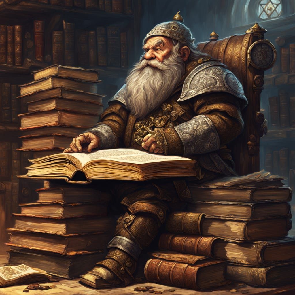 Dwarf Librarian Resting on Books in Dramatic Light