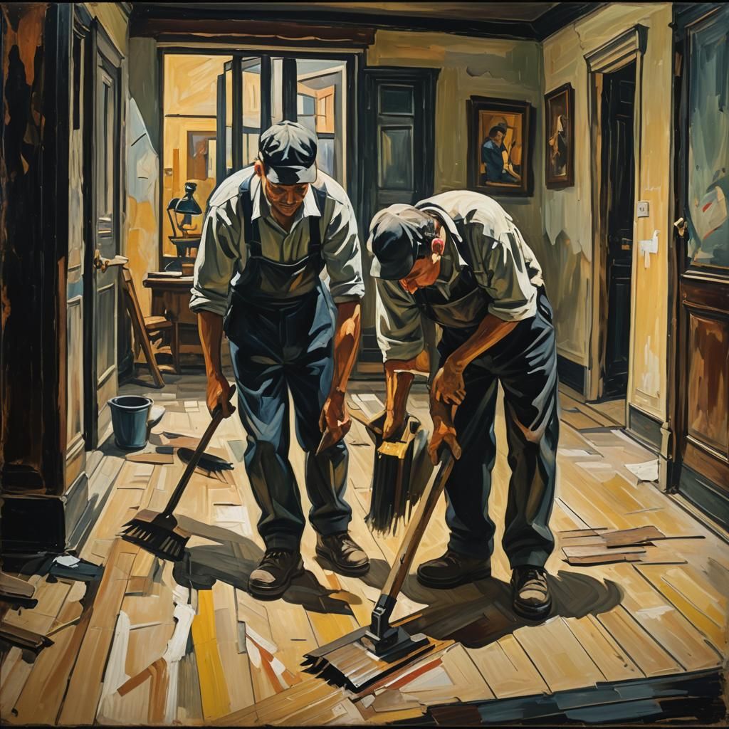 Expressionist Workers Scraping Floor in Oil Painting