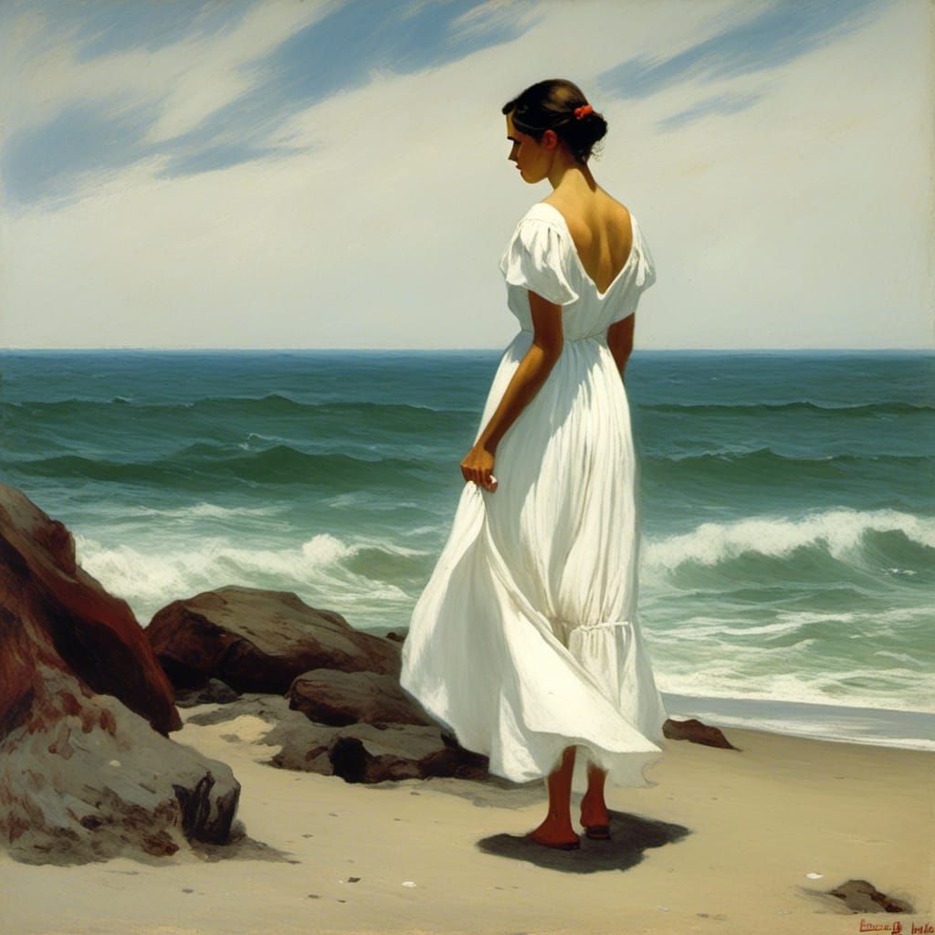 Melancholic Woman by the Sea, Realist Painting Style