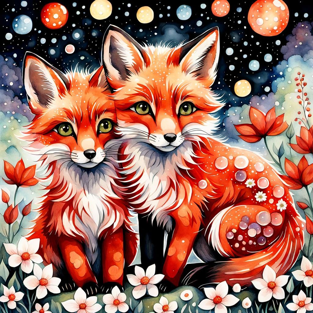 Watercolor Fox Kits in Starscape of Dreams