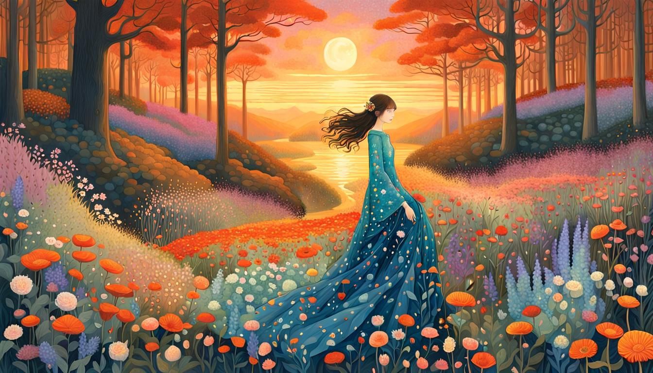 Sunset Hybrid Woman in Enchanted Forest