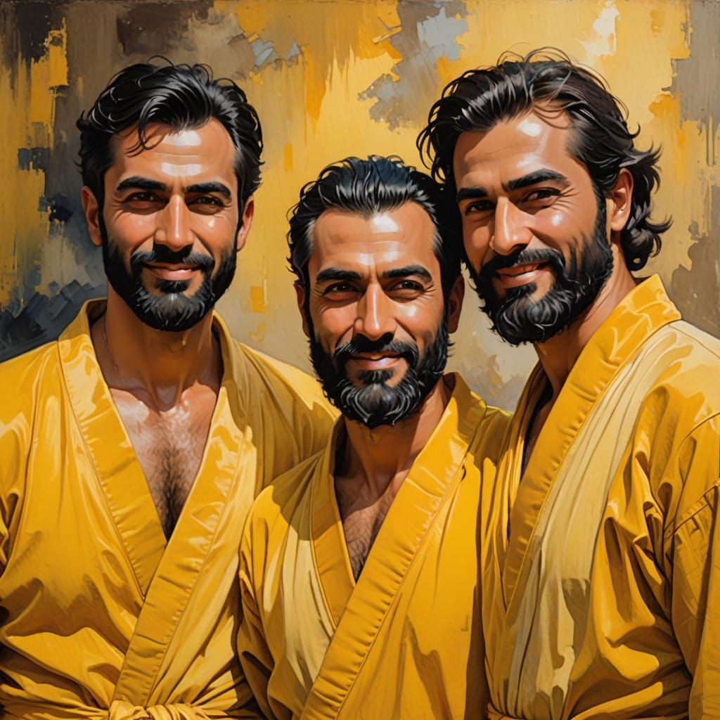 Elegant Hirsute Gentlemen in Soft Yellow Velvet Robes