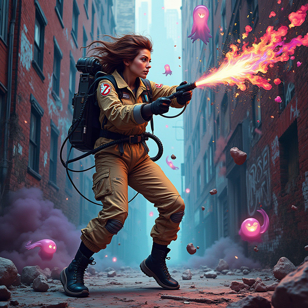 Ghostbuster in Frenzy Blasting Ghosts: Urban Fantasy Art