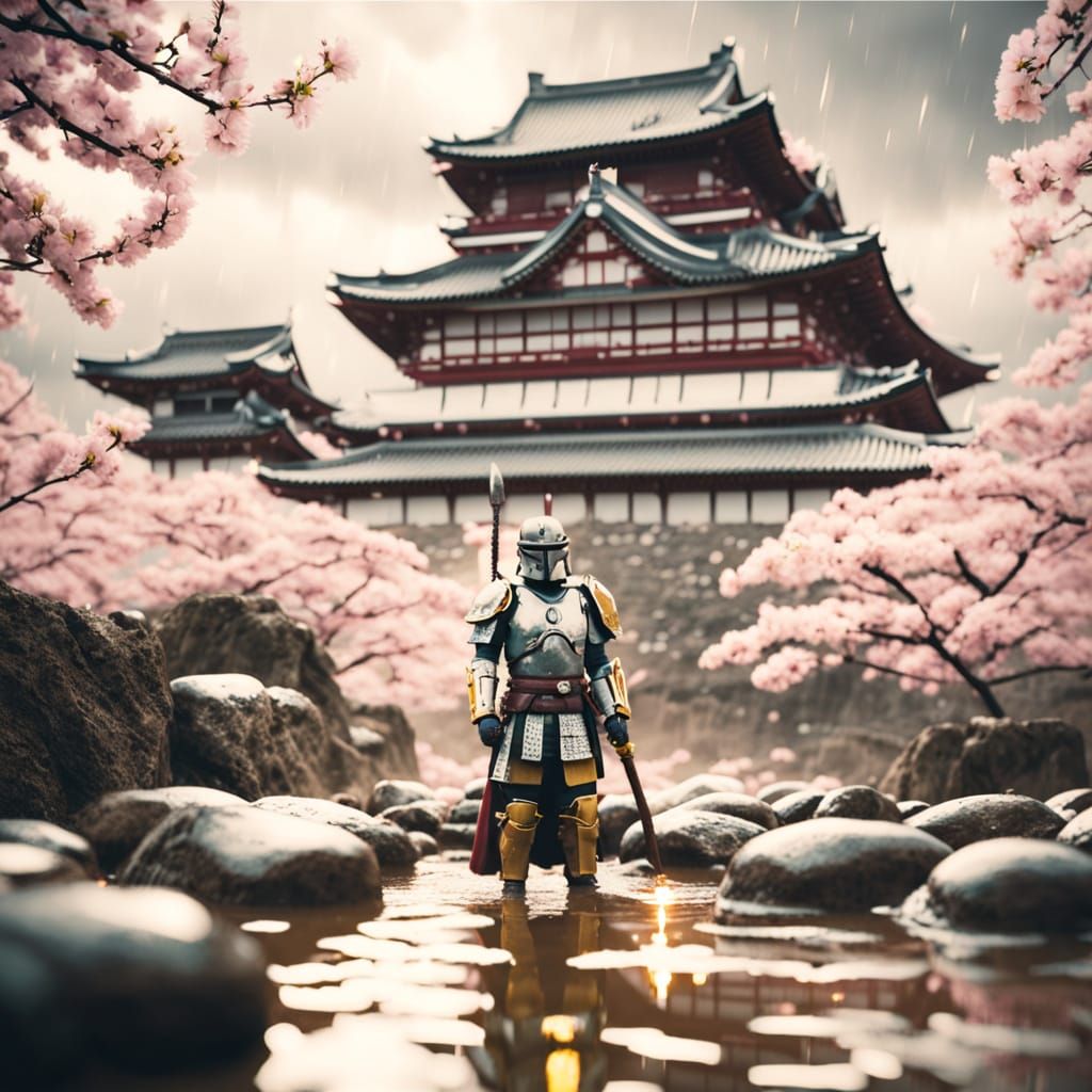 Himeji Castle in Thunderstorm: Retro Polaroid Style