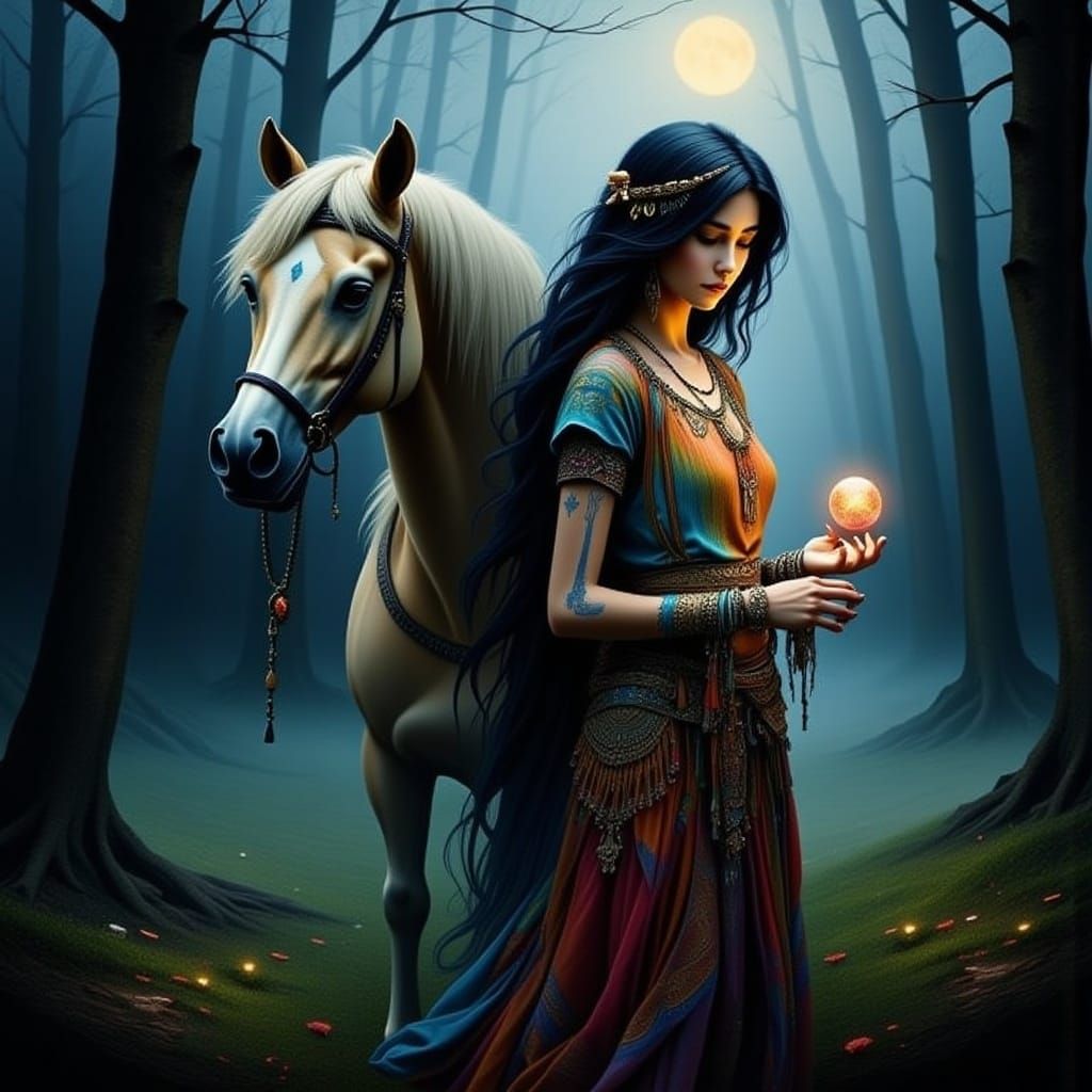 Gypsy with Crystal Ball and Horse in Forest