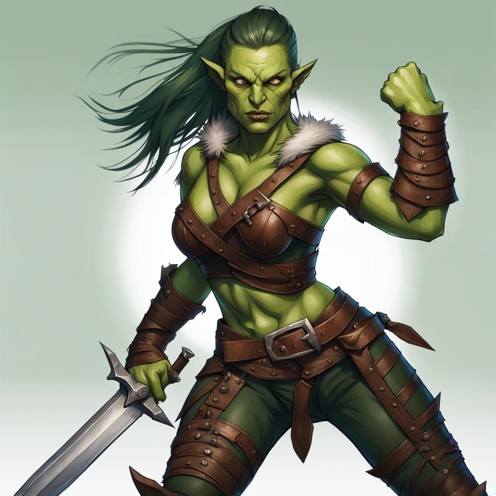 Green Half-Orc Warrior with Sword in Armor
