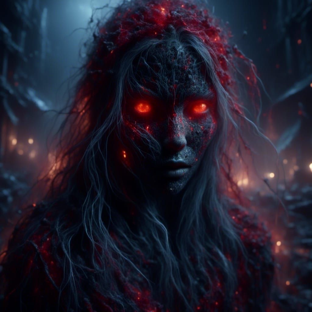 Creepy Ghost Figure in Foggy Ruined Village