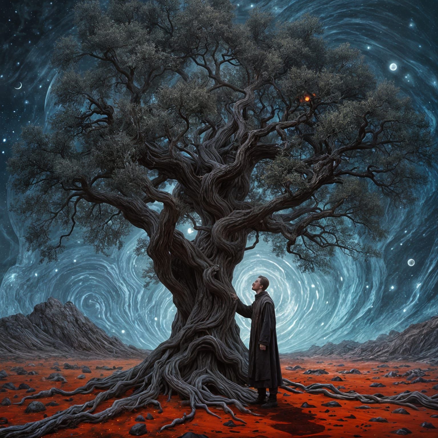 Barren Plateau: Lone Tree Under Blood Moon