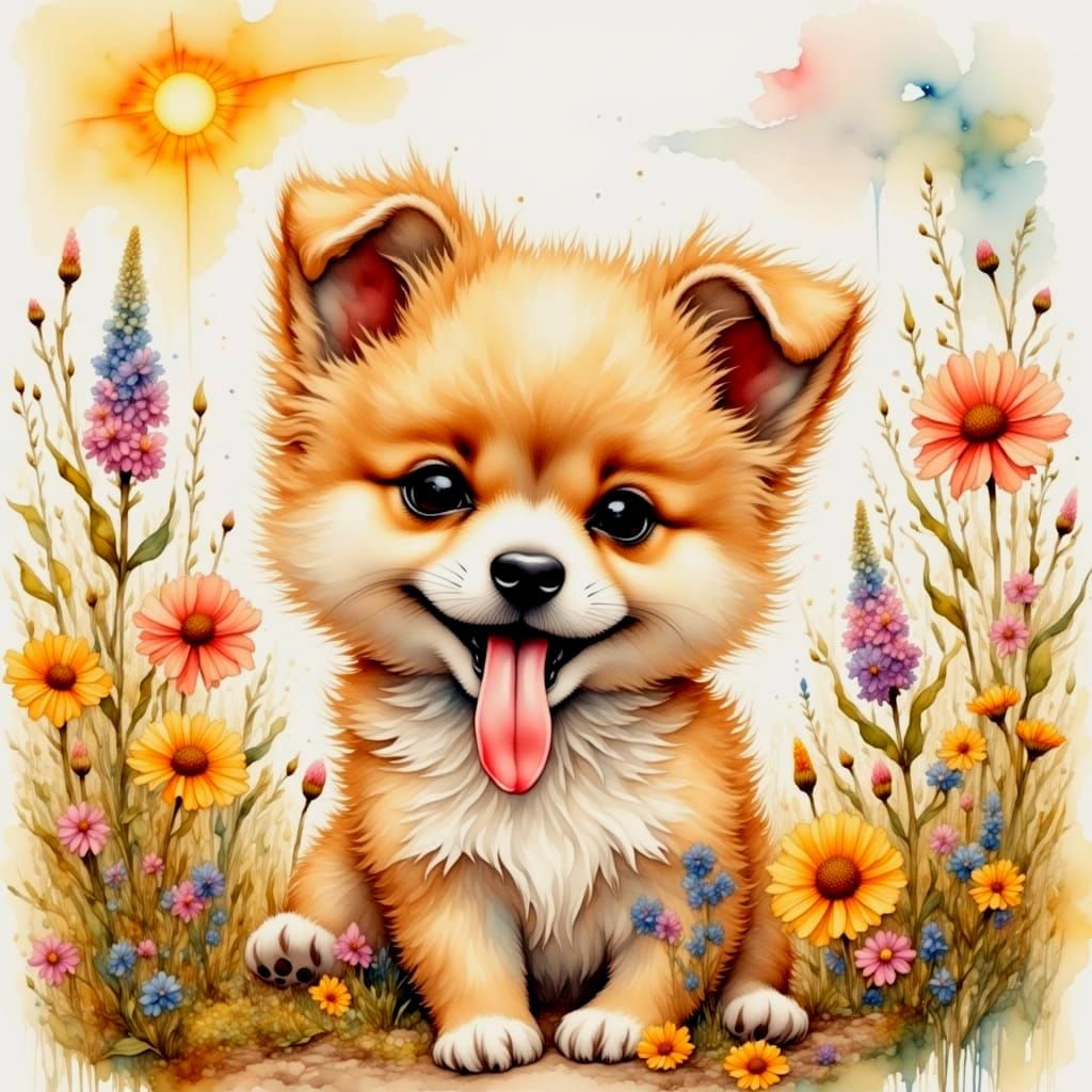 Puppy in Wildflowers: Watercolor Art