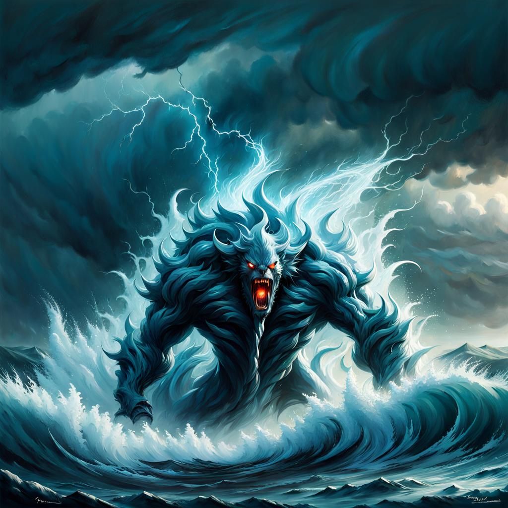 Powerful Water Elemental Emerges from Stormy Ocean