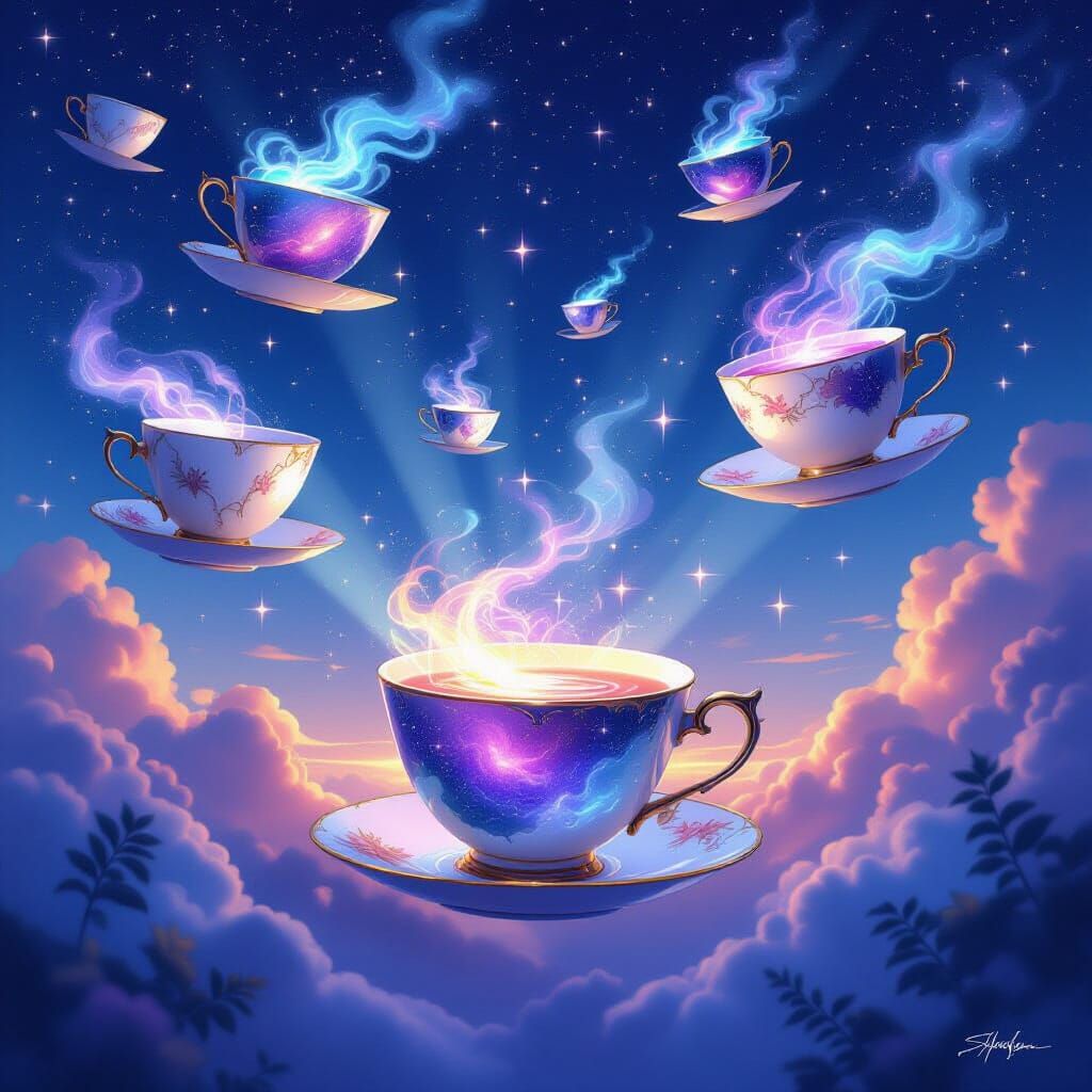 Ethereal Garden of Starlight Teacups in Twilight Sky
