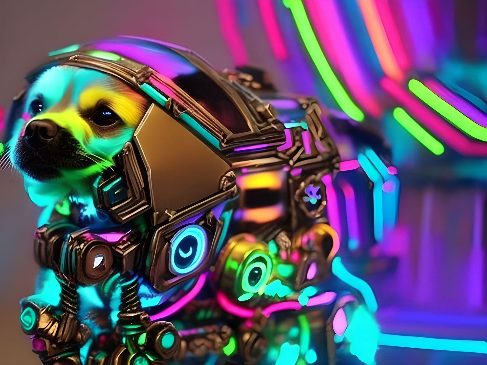 Cyberpunk Steampunk Puppy with Neon Colors