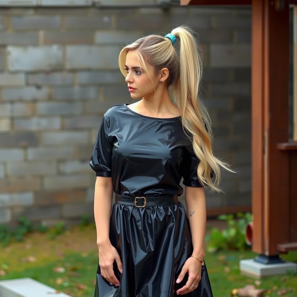 Blonde Woman in PVC Dress Outdoors