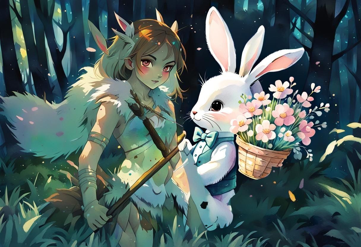 Girl and Cartoon Bunny Rabbit Illustration