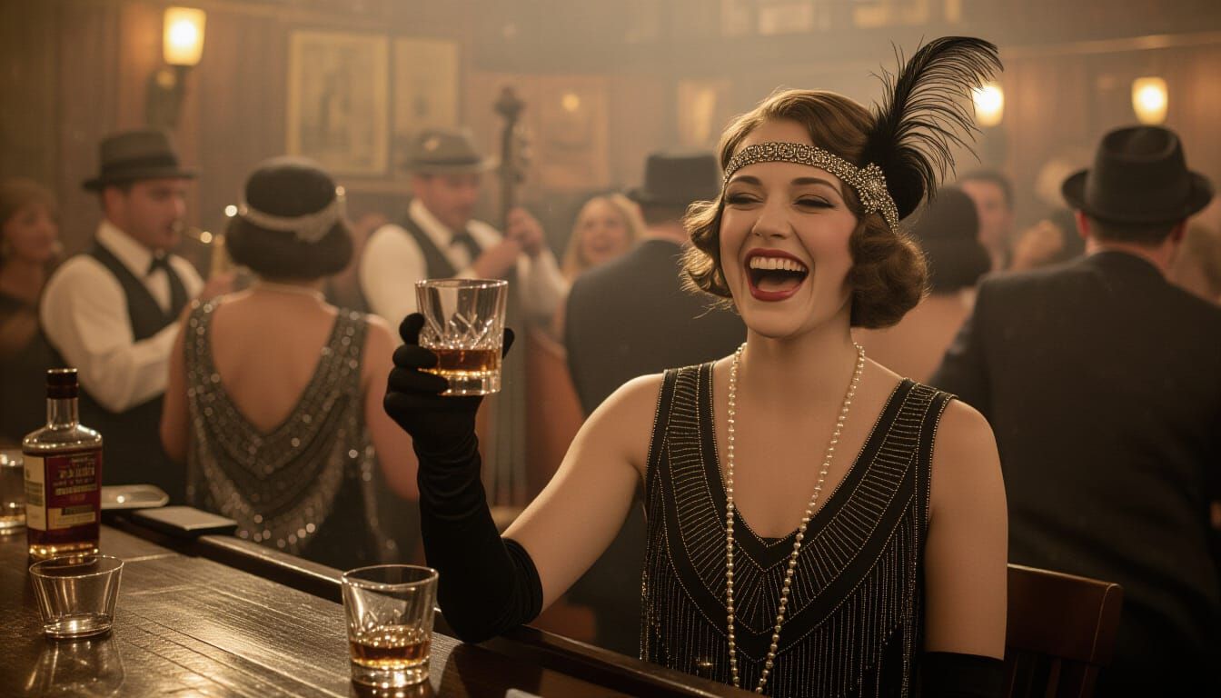 Joyful Flapper in a Raucous 1920s Speakeasy