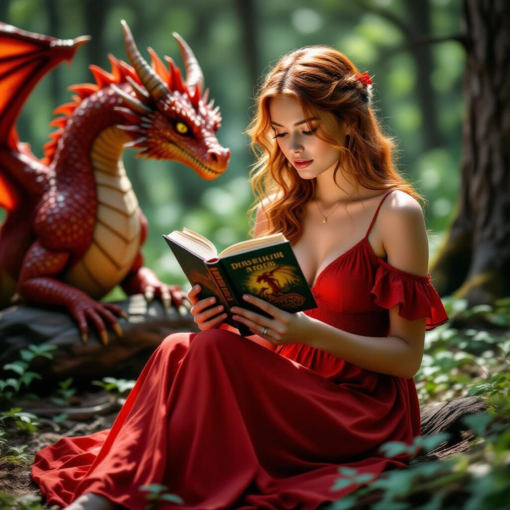 Woman Reading Dragon Book in Forest